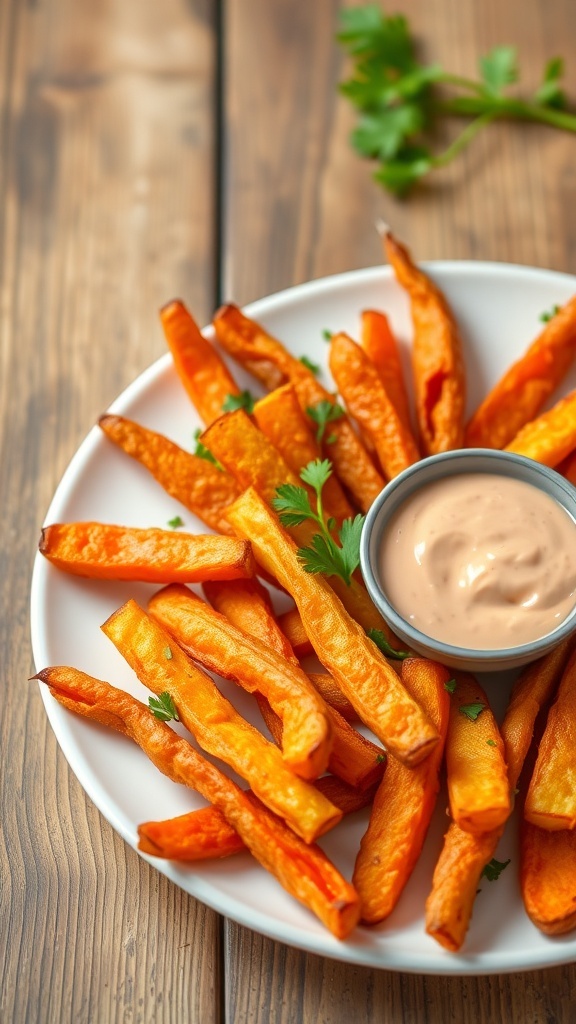 Crispy Air Fryer Carrot Fries Recipe Crispy air fryer carrot fries served on a plate with parsley and dipping sauce on a wooden table.